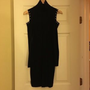 Zara studded bead cutout shoulder turtleneck dress